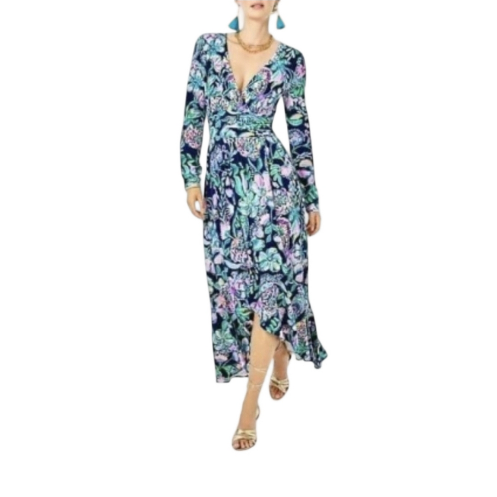 Women's Lilly Pulitzer XS Navy Multi-color Floral High Low Maxi Dress